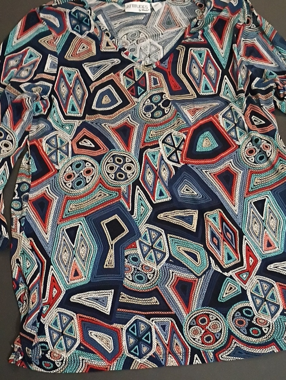Attitudes by Renee Navy Geometric Long Sleeve Shirt Multicolor Accents Artsy